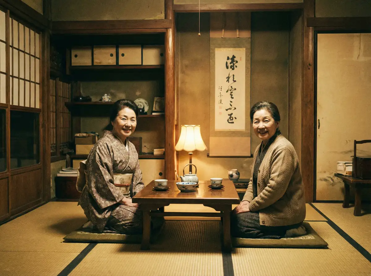 两位优雅的 西门庆 在日式茶室中品茶交谈